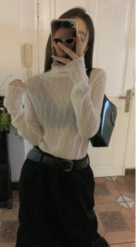 Korean Style Wave Pattern See-Through Lace Mesh Blouse | Layered Look |