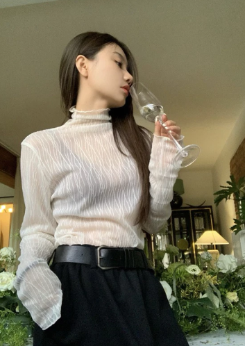 Korean Style Wave Pattern See-Through Lace Mesh Blouse | Layered Look |