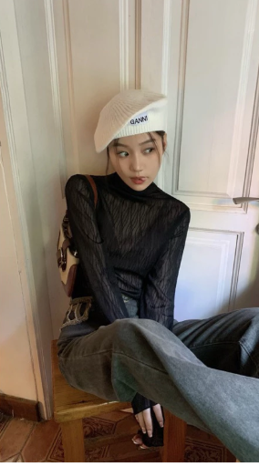 Korean Style Wave Pattern See-Through Lace Mesh Blouse | Layered Look |