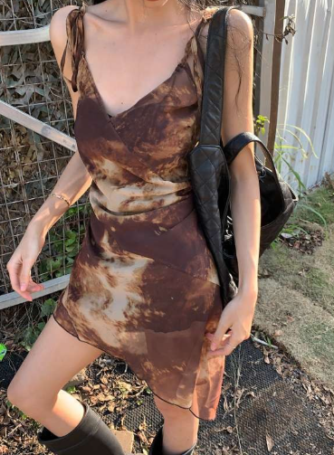 Retro Tie-Dye V-Neck Mesh Dress