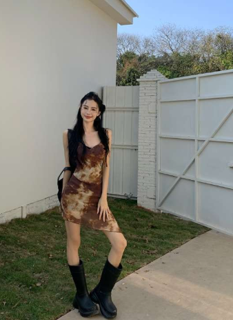 Retro Tie-Dye V-Neck Mesh Dress