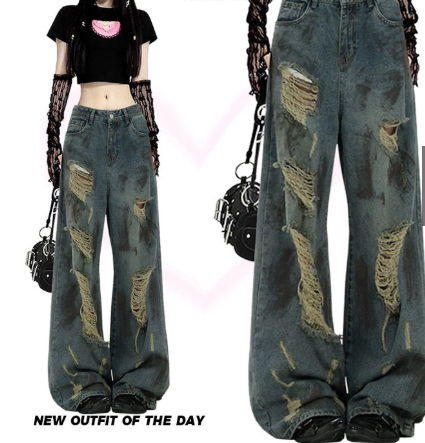 Vintage Tie-Dye Ripped Wide-Leg Jeans
