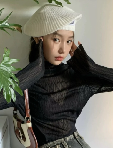 Korean Style Wave Pattern See-Through Lace Mesh Blouse | Layered Look |