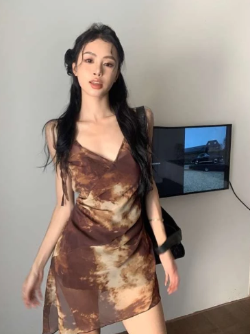 Retro Tie-Dye V-Neck Mesh Dress