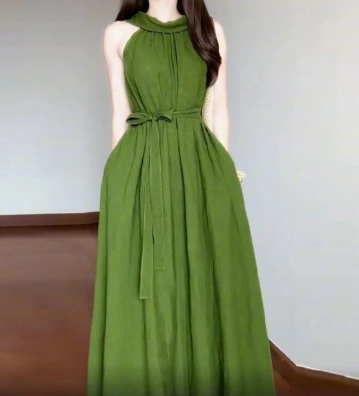French Style Green Summer Beach Holiday Dress