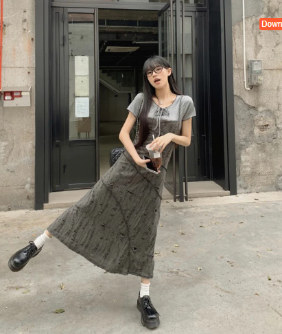 Korean Style V-Neck Hollow-Out Strap Dress