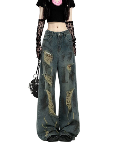 Vintage Tie-Dye Ripped Wide-Leg Jeans